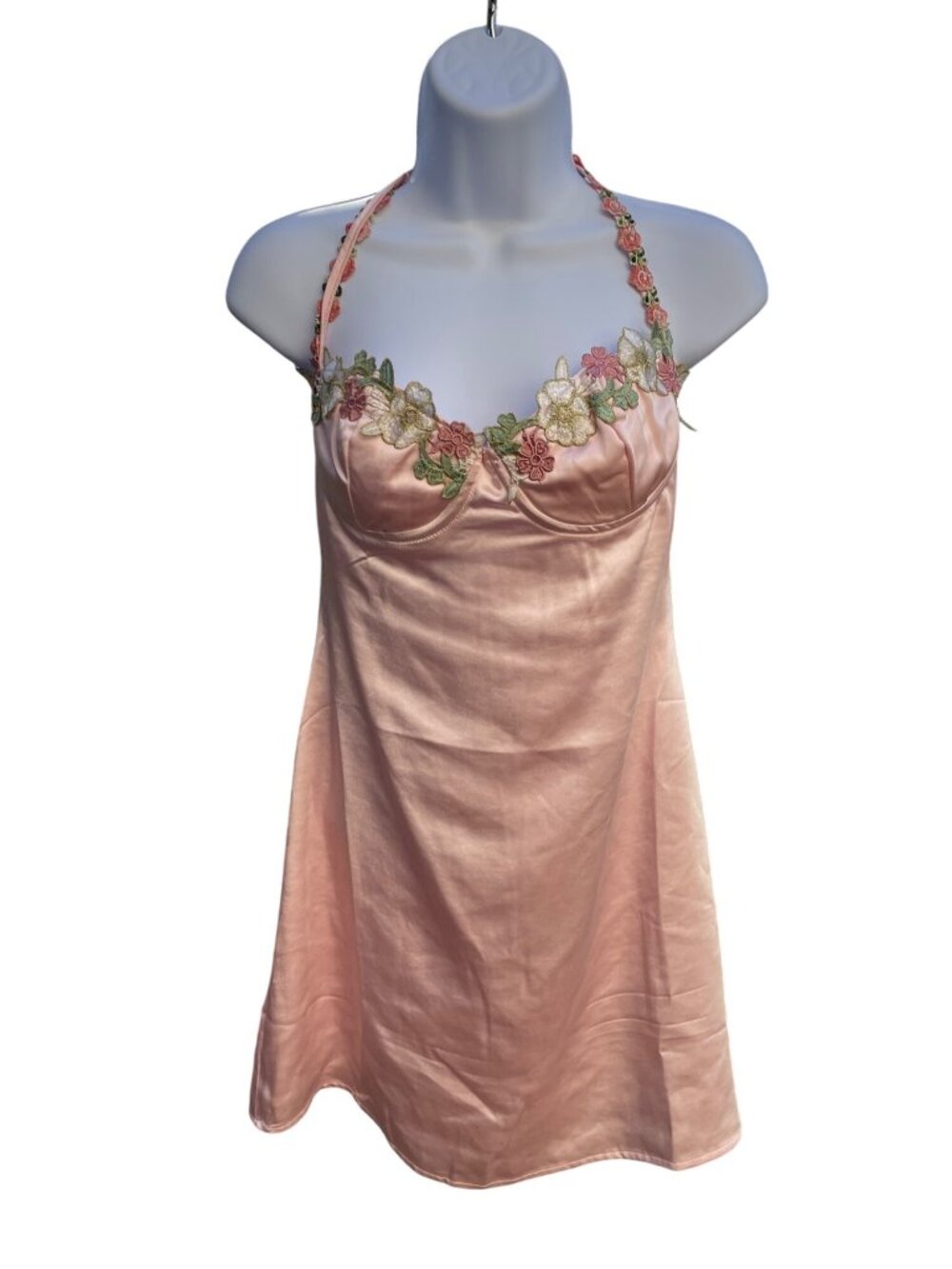 Pink Satin Slip Dress Floral Embroidered Halter Neckline By Princess Polly Size